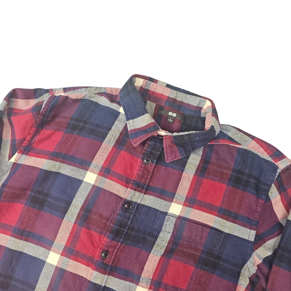 UNIQLO Mens Button Down Shirt Long Sleeve Flannel‎ Tartan Plaid Red Blue Size L